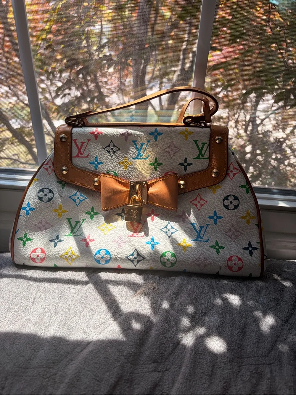 Louis Vuitton White Multicolor Monogram Bow Top Handle Bag